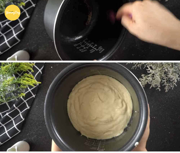 Cho hỗn hợp bánh vào nồi cơm điện có lót giấy nến