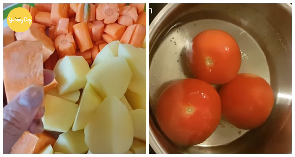 Cà chua, cà rốt, khoai tây rửa sạch và cắt miếng vừa ăn